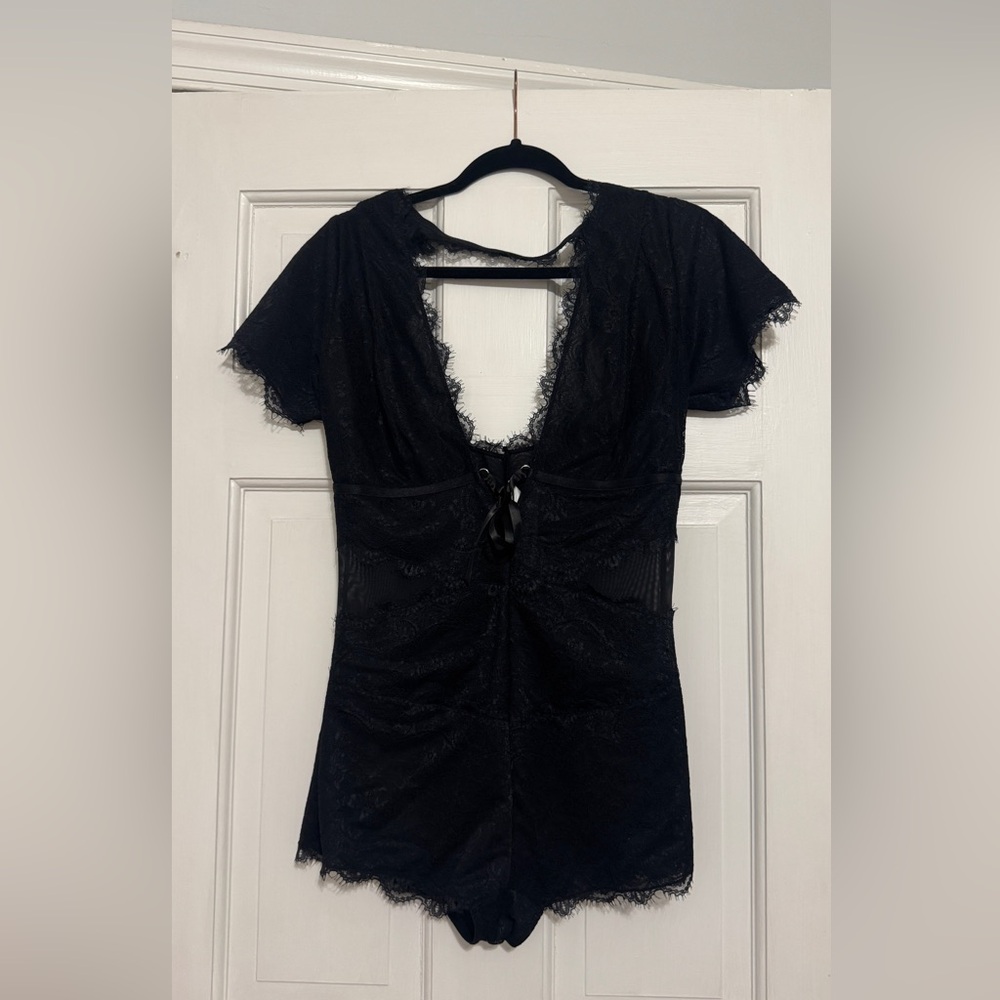 Black Lace Lingerie Romper with Deep V-Neck